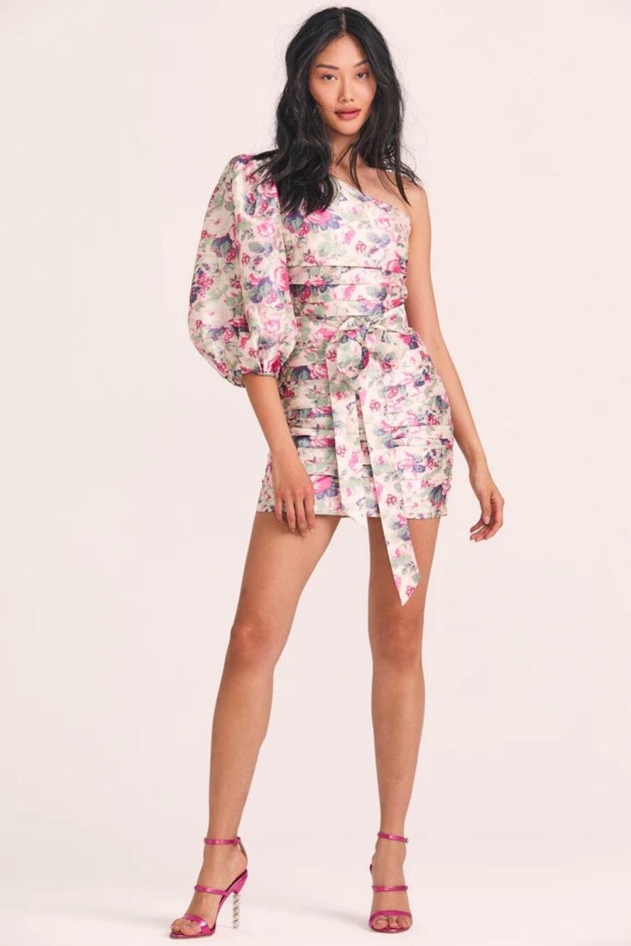 LoveShackFancy Altie Veiled Kiss Floral One Shoulder Puff Sleeve Mini Dress 4